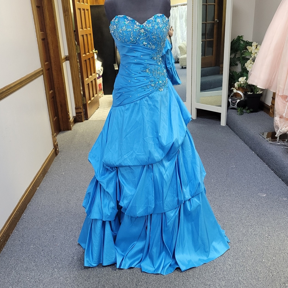 Mori Lee Strapless Beaded Ball Gown in Bright Blue